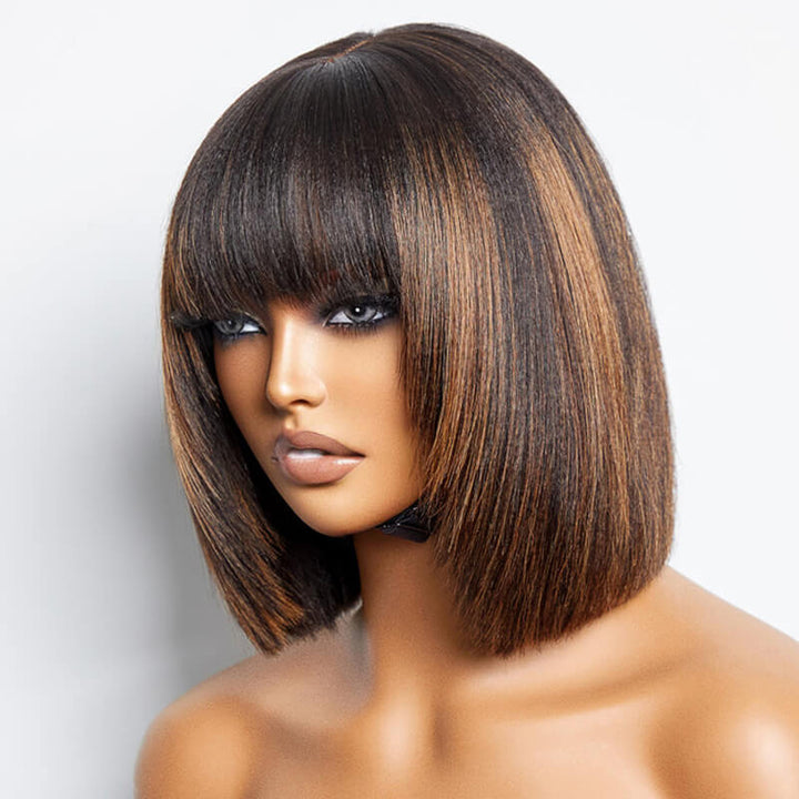 eullair Layered Cut Bangs Bob Wig Short Pre Colored Glueless Straight Hunan Hair Pre Cut 4x4 5x5 Lace Closure Wig