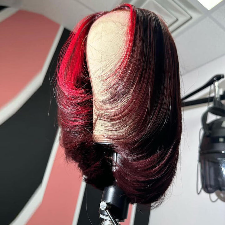 eullair Short Layered Cut Pre Plucked Glueless Wine Red Highlight Straight Skunk Stripe Human Hair BOB wig