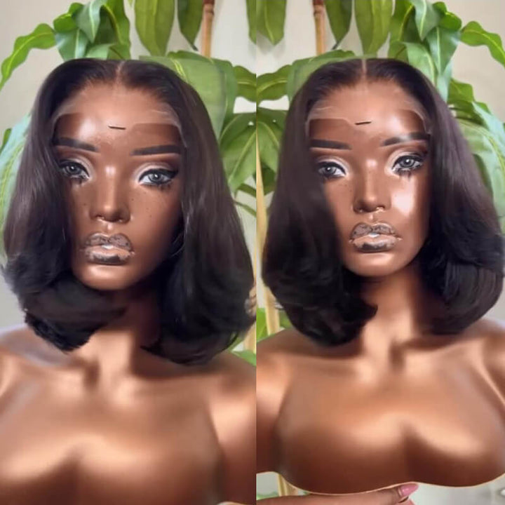 eullair New layered Cut Curtain Bangs Human Hair Bob 13x4 Lace Frontal Wig For Women