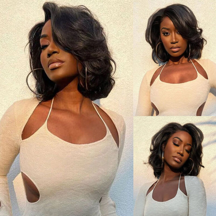 eullair New layered Cut Curtain Bangs Human Hair Bob 13x4 Lace Frontal Wig For Women