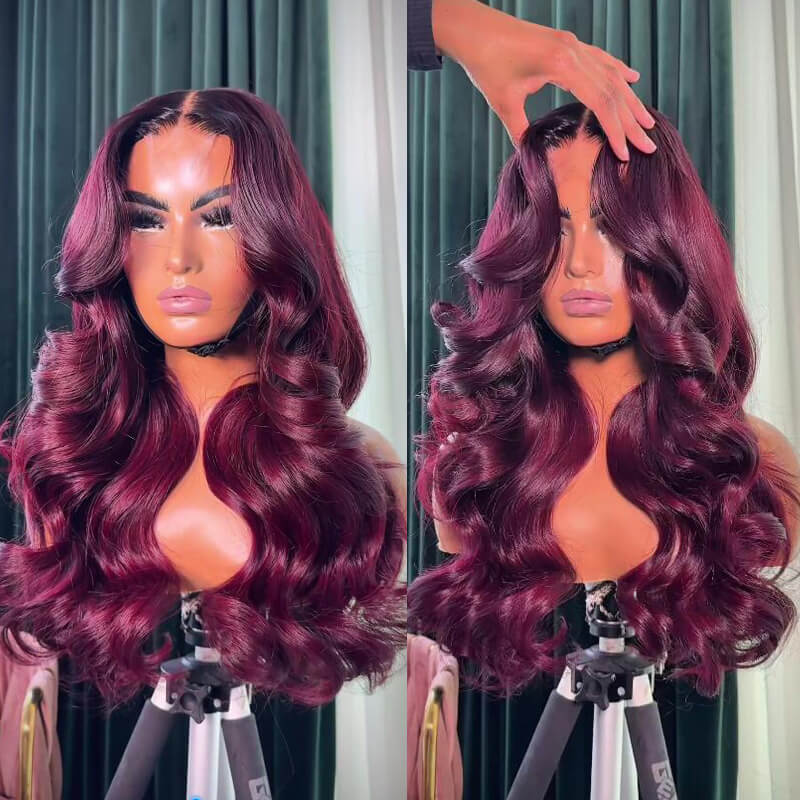 eullair Ombre 1b Roots Dark Burgundy Body Wave Curtain Bangs Wig Glueless Human Hair Lace Frontal Wig