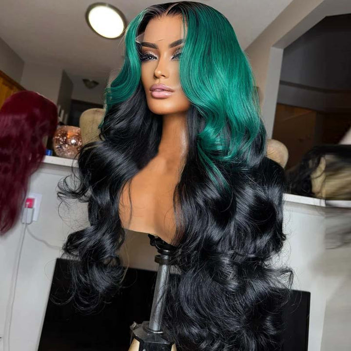 eullair Ombre Dark Green Black Body Wave Lace Frontal Wig With 1b Roots Pre Colored Two Tones Human Hair Lace Wigs For Women ( EW013 )