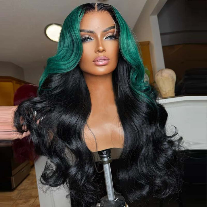 eullair Ombre Dark Green Black Body Wave Lace Frontal Wig With 1b Roots Pre Colored Two Tones Human Hair Lace Wigs For Women ( EW013 )