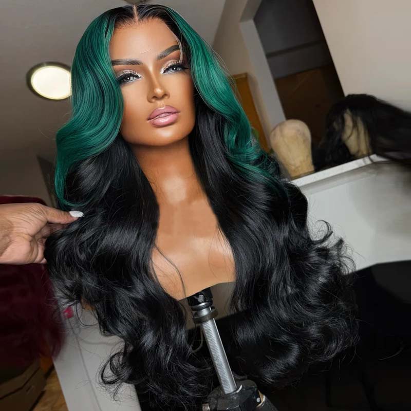 eullair Ombre Dark Green Black Body Wave Lace Frontal Wig With 1b Roots Pre Colored Two Tones Human Hair Lace Wigs For Women ( EW013 )