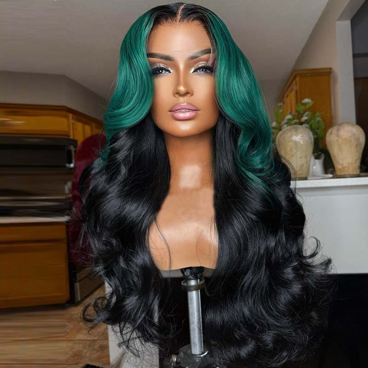 eullair Ombre Dark Green Black Body Wave Lace Frontal Wig With 1b Roots Pre Colored Two Tones Human Hair Lace Wigs For Women ( EW013 )