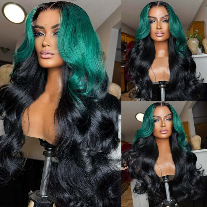 eullair Ombre Dark Green Black Body Wave Lace Frontal Wig With 1b Roots Pre Colored Two Tones Human Hair Lace Wigs For Women ( EW013 )