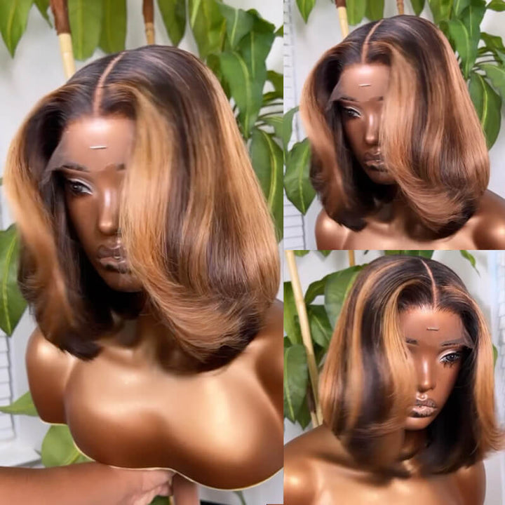 eullair New layered Cut Curtain Bangs Human Hair Bob 13x4 Lace Frontal Wig For Women