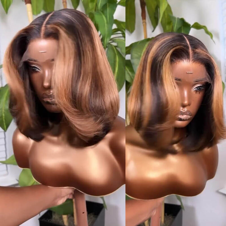 eullair New layered Cut Curtain Bangs Human Hair Bob 13x4 Lace Frontal Wig For Women