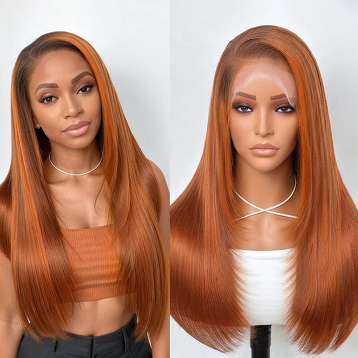 eullair Framing Green Skunk Stripe Layered Cut Styled Golden Ginger Highlight Straight Pre Cut Lace Front Human Hair Wig