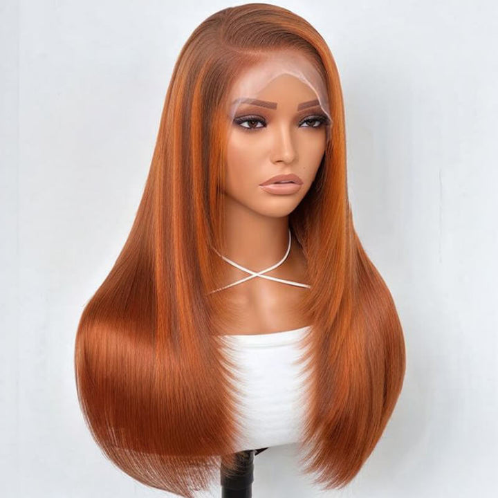 eullair Framing Green Skunk Stripe Layered Cut Styled Golden Ginger Highlight Straight Pre Cut Lace Front Human Hair Wig
