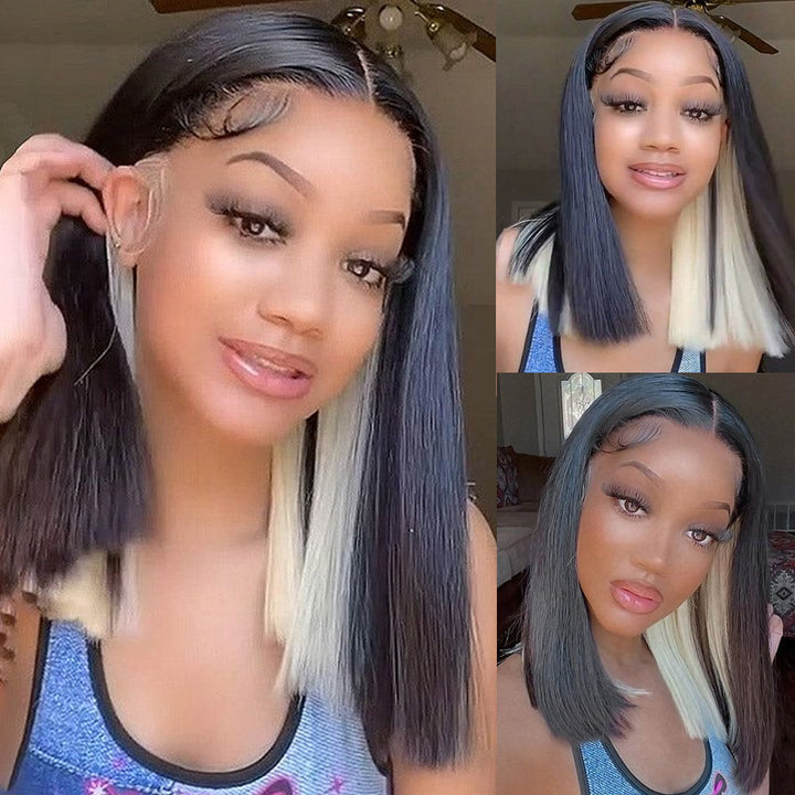 eullair Peakaboo Highlights Colored Short BOB Wig Innenr Red/Pink/Blue/Green/Blonde Straight Human Hair Lace Frontal Wig