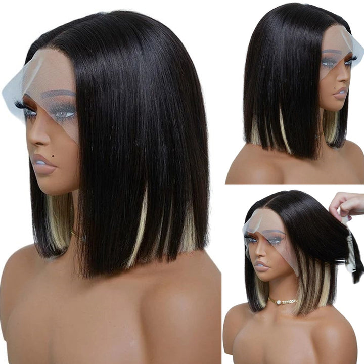 eullair Peakaboo Highlights Colored Short BOB Wig Innenr Red/Pink/Blue/Green/Blonde Straight Human Hair Lace Frontal Wig