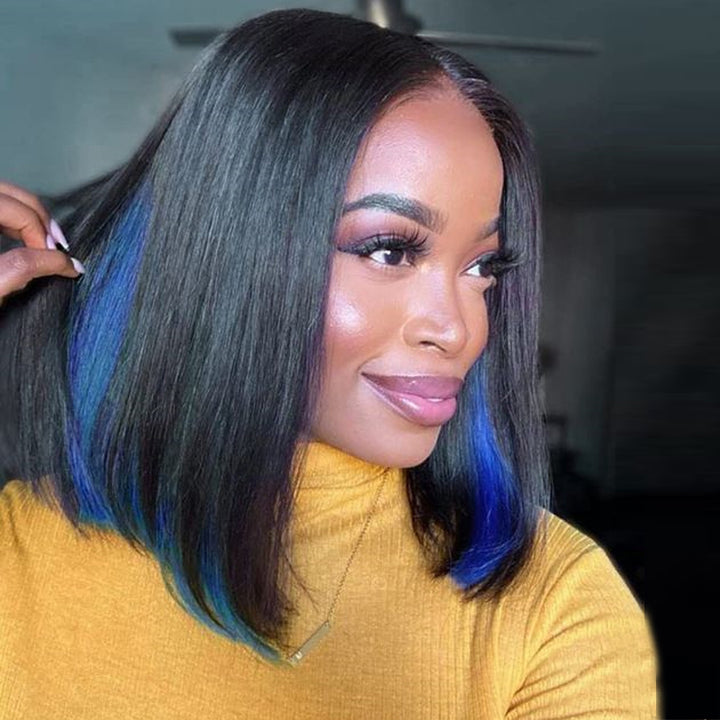 eullair Peakaboo Highlights Colored Short BOB Wig Innenr Red/Pink/Blue/Green/Blonde Straight Human Hair Lace Frontal Wig
