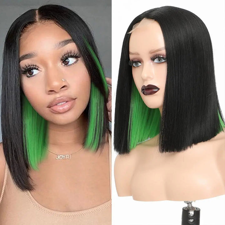 eullair Peakaboo Highlights Colored Short BOB Wig Innenr Red/Pink/Blue/Green/Blonde Straight Human Hair Lace Frontal Wig