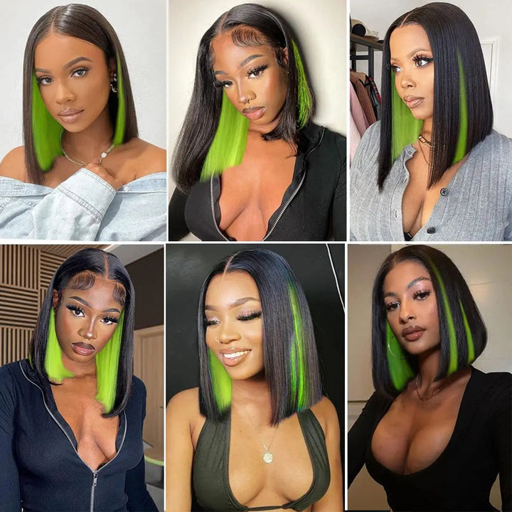 eullair Peakaboo Highlights Colored Short BOB Wig Innenr Red/Pink/Blue/Green/Blonde Straight Human Hair Lace Frontal Wig