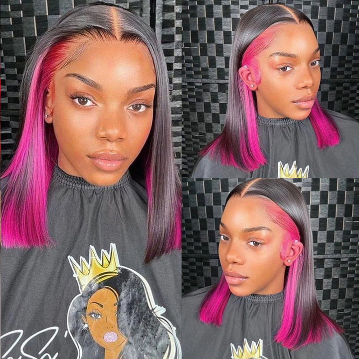 eullair Peakaboo Highlights Colored Short BOB Wig Innenr Red/Pink/Blue/Green/Blonde Straight Human Hair Lace Frontal Wig