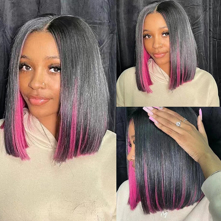 eullair Peakaboo Highlights Colored Short BOB Wig Innenr Red/Pink/Blue/Green/Blonde Straight Human Hair Lace Frontal Wig