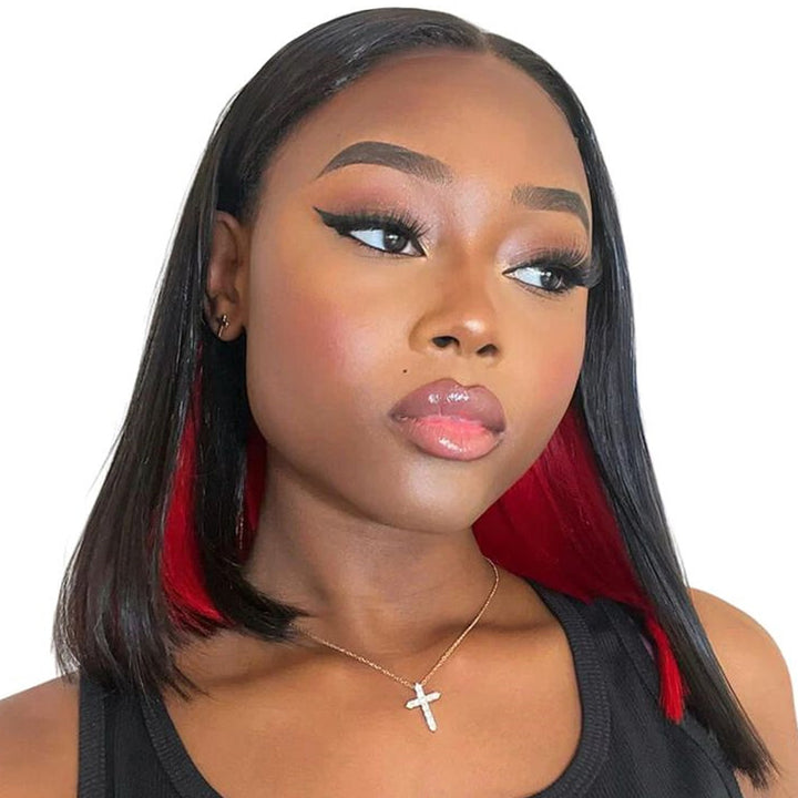 eullair Peakaboo Highlights Colored Short BOB Wig Innenr Red/Pink/Blue/Green/Blonde Straight Human Hair Lace Frontal Wig