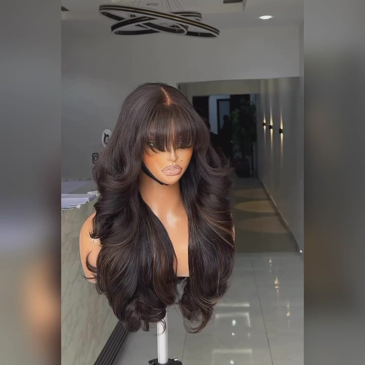 eullair Butterfly Curls With Bangs 13x4 Black Mixed Brown Highlight Lace Frontal Human Hair Wigs 250% Density