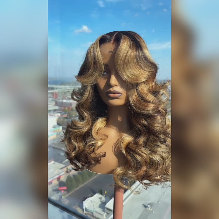 eullair Honey Blonde Highlights Body Wave Wig 13x4 Full Lace Frontal Glueless Wigs Pre Plucked 250% Density