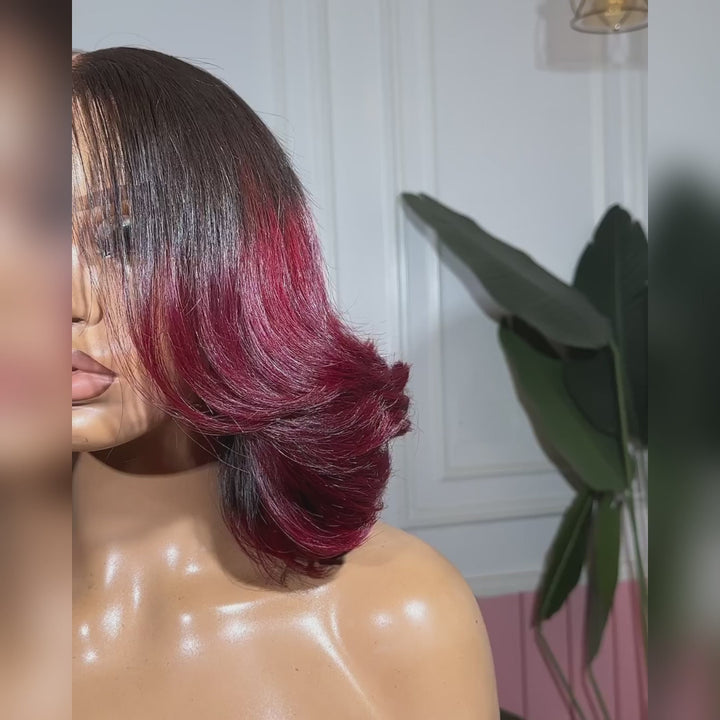 eullair Designer Layered Curtain Bangs Wigs Ombre 1B Red 13x4 Short Wavy Glueless Bob Wigs