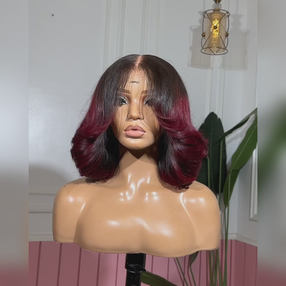 eullair Designer Layered Curtain Bangs Wigs Ombre 1B Red 13x4 Short Wavy Glueless Bob Wigs