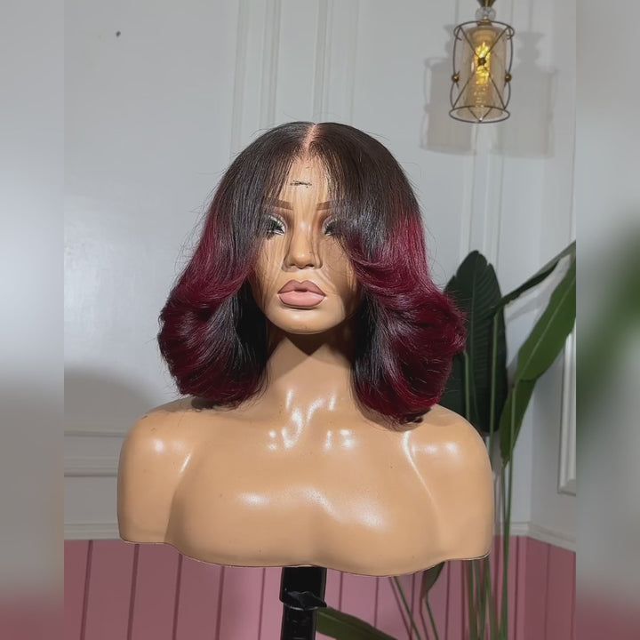 eullair Designer Layered Curtain Bangs Wigs Ombre 1B Red 13x4 Short Wavy Glueless Bob Wigs