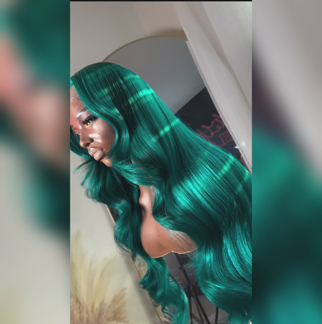 eullair Dark Green Body Wave Wig with Layered Curtain Bangs Glueless Human Hair Lace Frontal Wig For Women