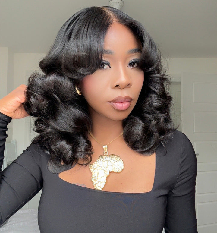 eullair Bouncy Wave Put On Go Glueless Wig 9x6 Pre Cut Short Bob Wig With Curtain Bangs Human Hair Wigs