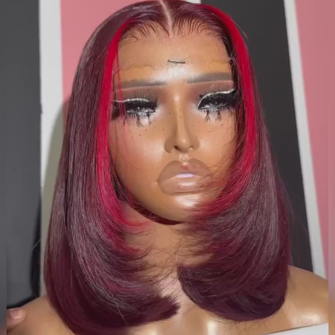 eullair Short Layered Cut Pre Plucked Glueless Wine Red Highlight Straight Skunk Stripe Human Hair BOB wig