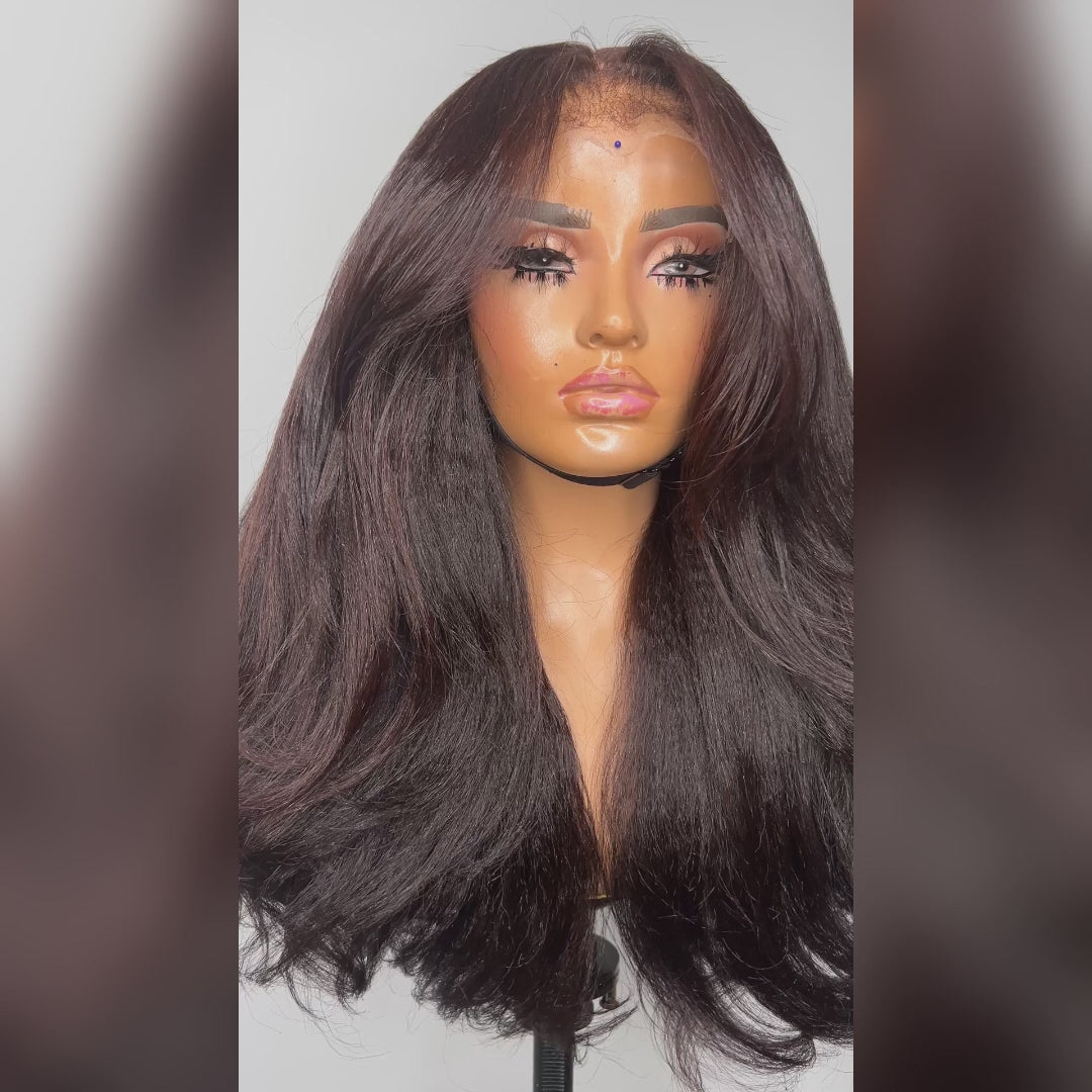 eullair Two Tone Chocolate Custom Color Yaki Straight Wig 13x4 Layer Cut Curtain Bangs Lace Frontal Human Hair Wigs