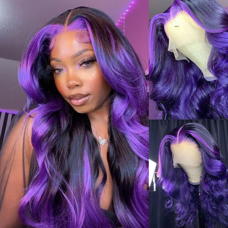 eullair Colored Skunk Stripe Ombre Highlight Body Wave 13x4 Lace Frontal Human Hair Wigs 180% Density
