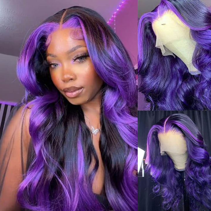 eullair Colored Skunk Stripe Ombre Highlight Body Wave 13x4 Lace Frontal Human Hair Wigs 180% Density