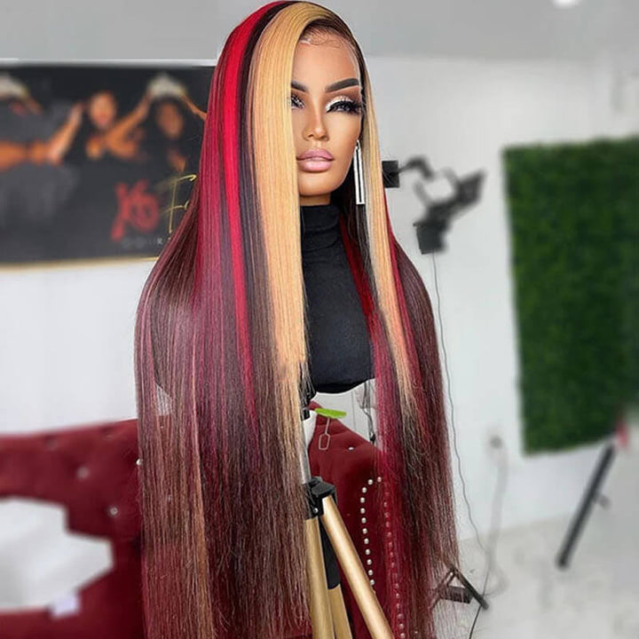 eullair Black with Red and Blonde Body Wave Wig Blue Orange Highlights 3 Colors Balayage Straight Lace Frontal Wig