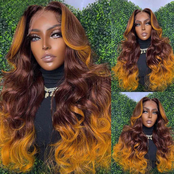 TikTok Hot Ombre Highights Wig | eullair Brown Ginger Red Blue Human Hair Lace Frontal Wig
