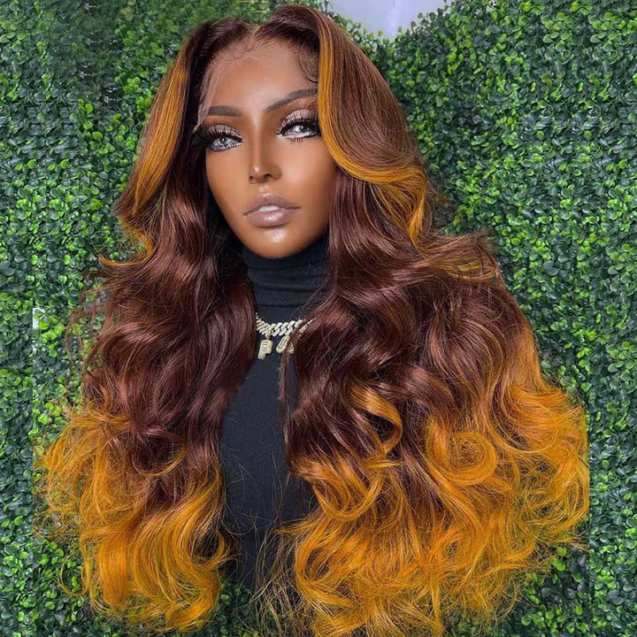 TikTok Hot Ombre Highights Wig | eullair Brown Ginger Red Blue Human Hair Lace Frontal Wig