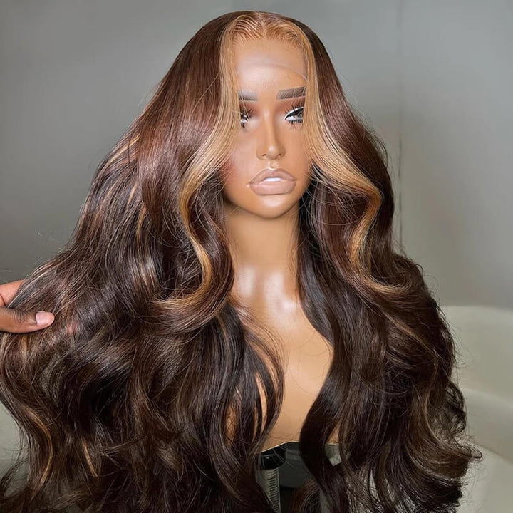 eullair Dark Brown Body Wave Wig with Honey Blonde Highlights Skunk Stripe Lace Frontal Wig