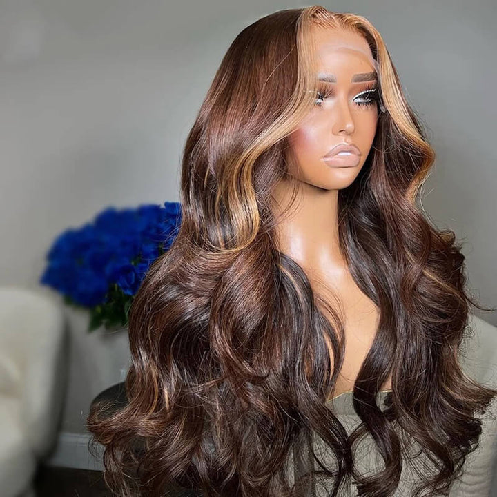 eullair Dark Brown Body Wave Wig with Honey Blonde Highlights Skunk Stripe Lace Frontal Wig