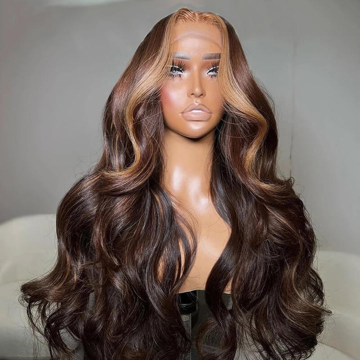 eullair Dark Brown Body Wave Wig with Honey Blonde Highlights Skunk Stripe Lace Frontal Wig