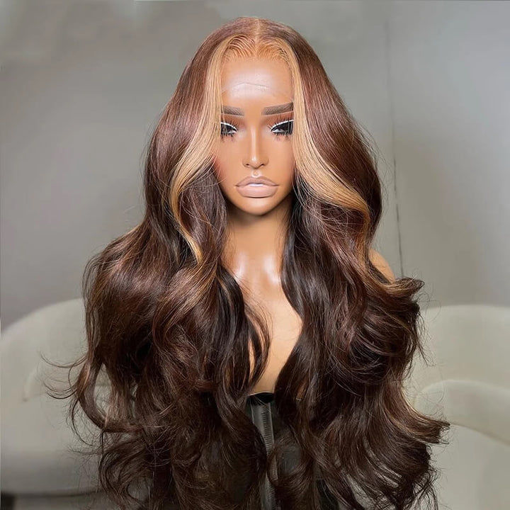 eullair Dark Brown Body Wave Wig with Honey Blonde Highlights Skunk Stripe Lace Frontal Wig