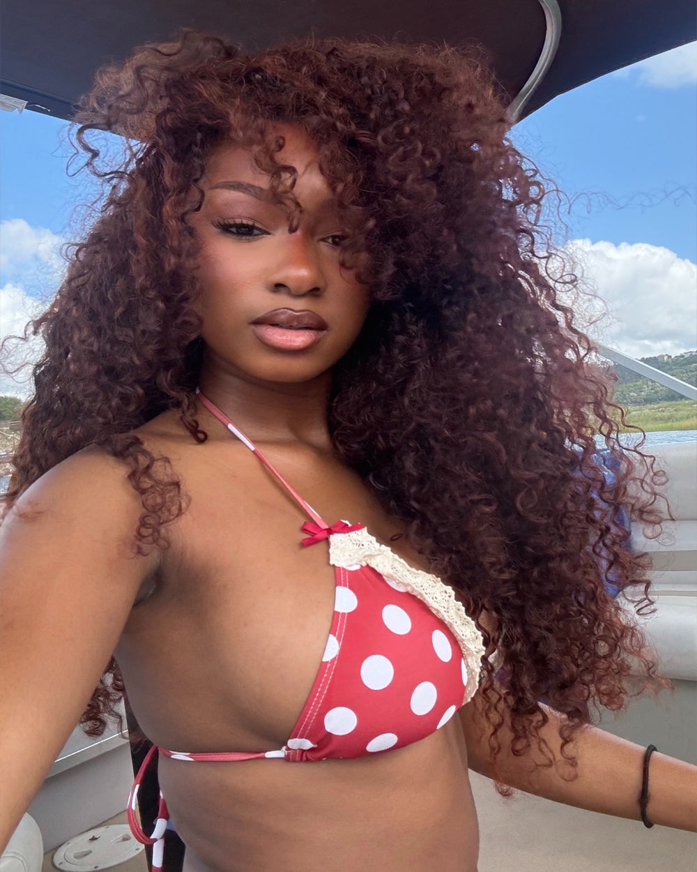 eullair Reddish Brown Burmese Curly V Part Wig 250% Density Auburn Brown Fluffy Curly No Leave Out