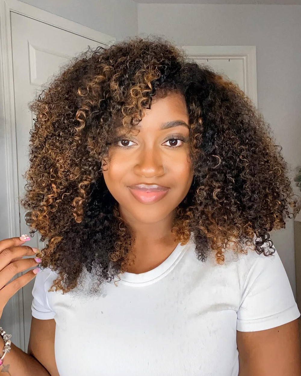 eullair 1B/30 Highlight Kinky Curly V Part Wig Soft Full Volume Human Hair Easy Natural Blend Beginner Friendly Wigs