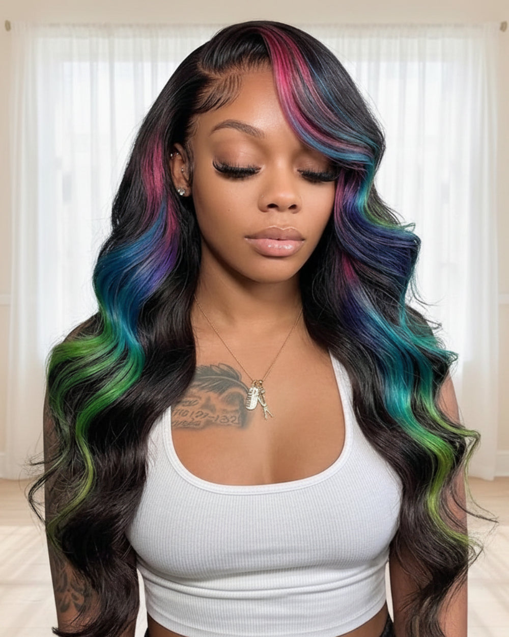 eullair Multi Colored Peakaboo Highlights Straight Human Hair Wig Pink Purple Blue Green Body Wave Lace Frontal Wigs Pre Plucked 180%