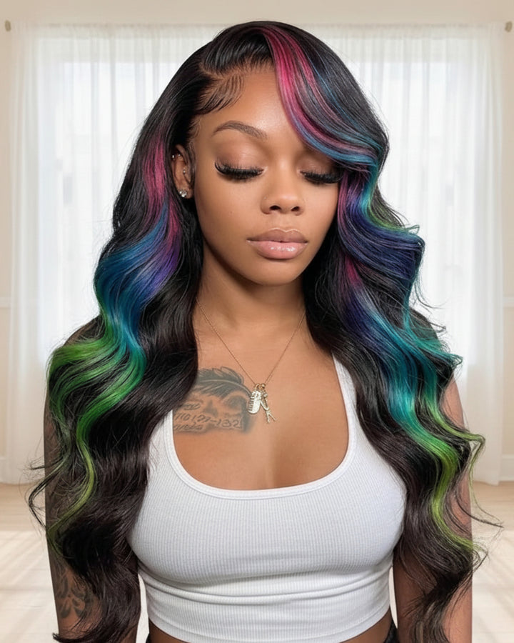 eullair Multi Colored Peakaboo Highlights Straight Human Hair Wig Pink Purple Blue Green Body Wave Lace Frontal Wigs Pre Plucked 180%