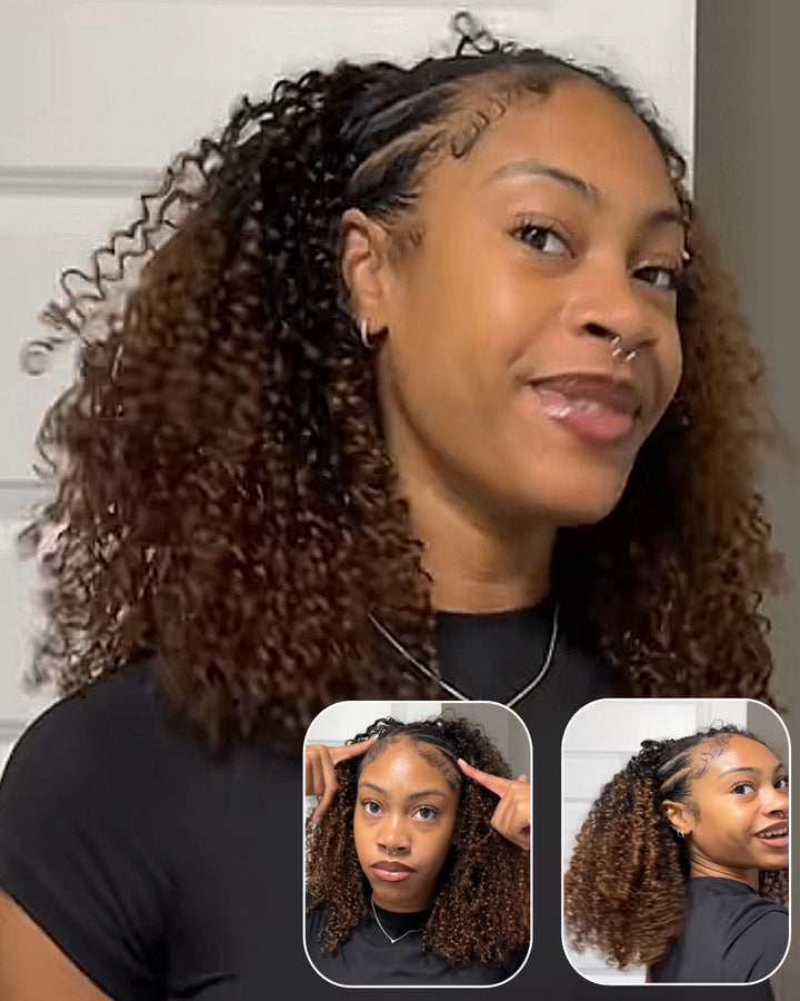 eullair T1B/4 Chocolate Ombre Brown Curly Bob Wig Kinky Texture Soft Fluffy Human Hair Wig