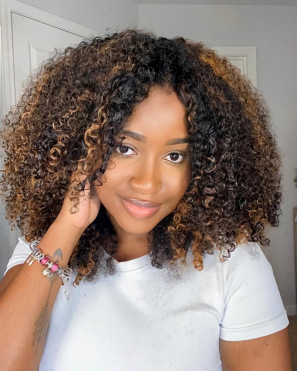 eullair 1B/30 Highlight Kinky Curly V Part Wig Soft Full Volume Human Hair Easy Natural Blend Beginner Friendly Wigs