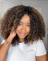 eullair 1B/30 Highlight Kinky Curly V Part Wig Soft Full Volume Human Hair Easy Natural Blend Beginner Friendly Wigs