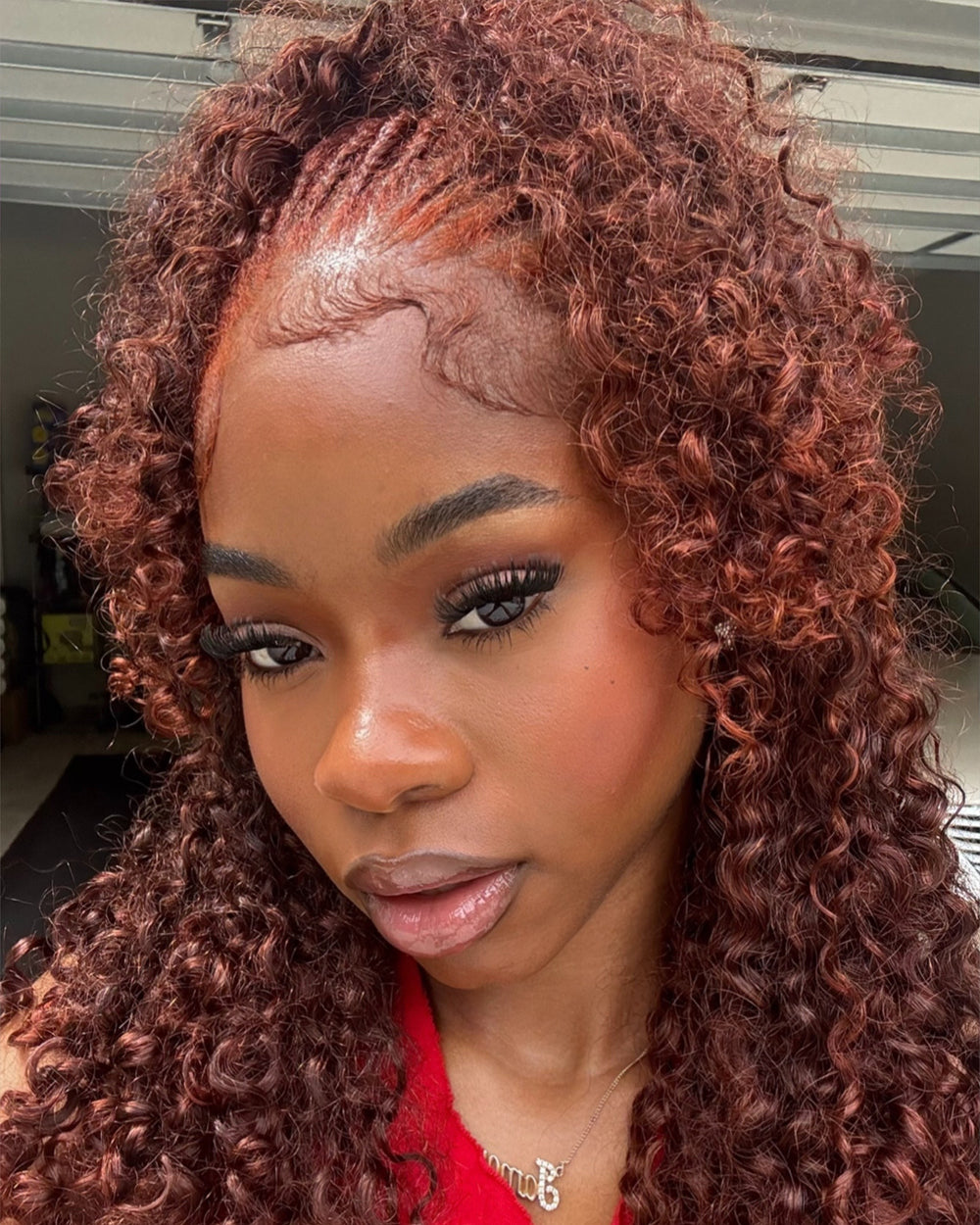 eullair Reddish Brown Burmese Curly V Part Wig 250% Density Auburn Brown Fluffy Curly No Leave Out