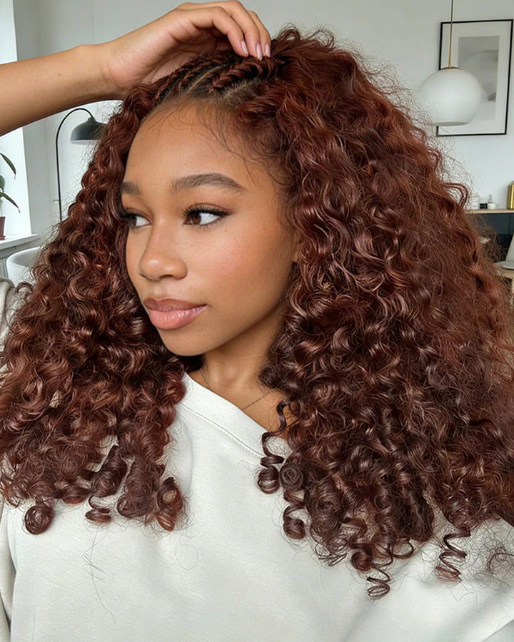 eullair Reddish Brown Burmese Curly V Part Wig 250% Density Auburn Brown Fluffy Curly No Leave Out