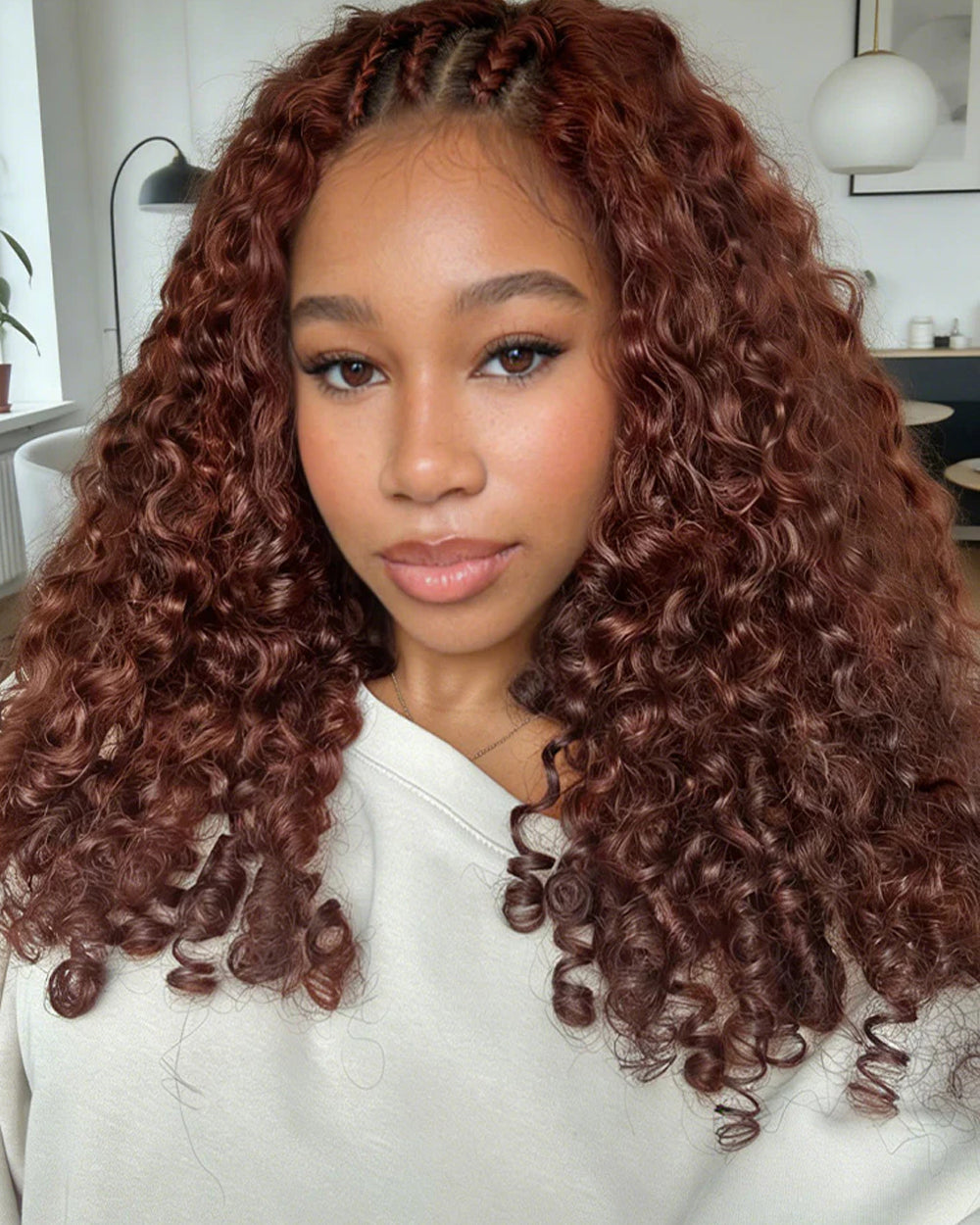 eullair Reddish Brown Burmese Curly V Part Wig 250% Density Auburn Brown Fluffy Curly No Leave Out